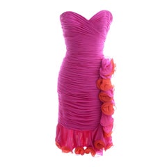 Silk Chiffon Vintage A J Bari Strapless Pink Orange Wiggle Dress, 1980s 