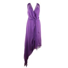 CHANEL 2003 Purple Silk Chiffon ASYMMETRICAL Hem LONG DRESS w/ Stole SIZE 40 FR