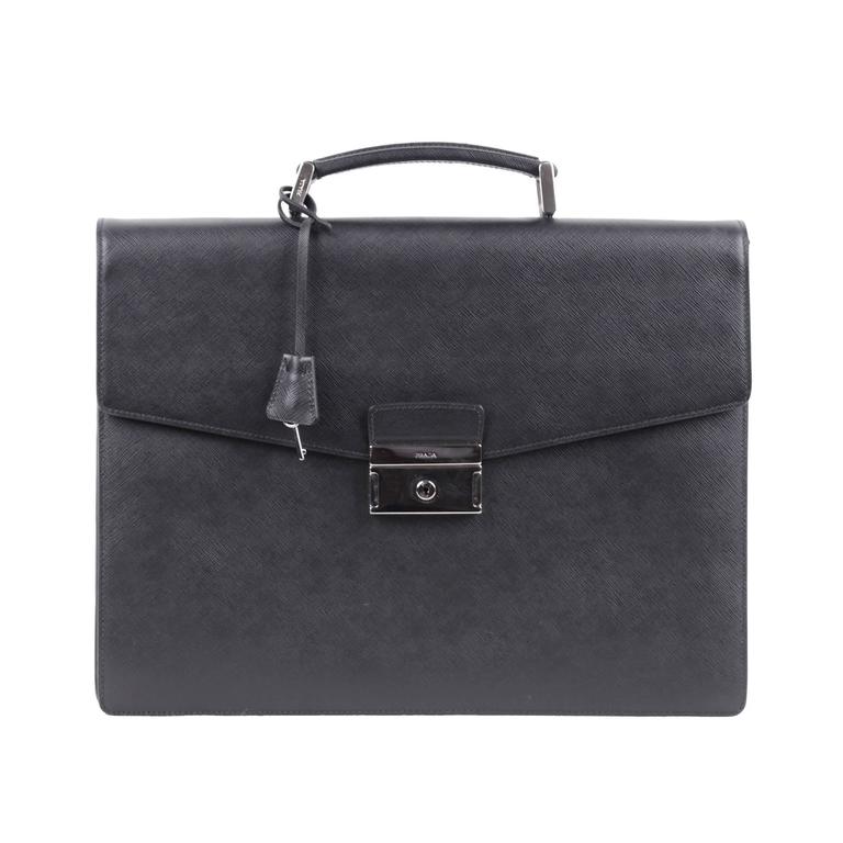 PRADA Italian Black SAFFIANO Leather BRIEFCASE Handbag WORK BAG 2VB006 ...