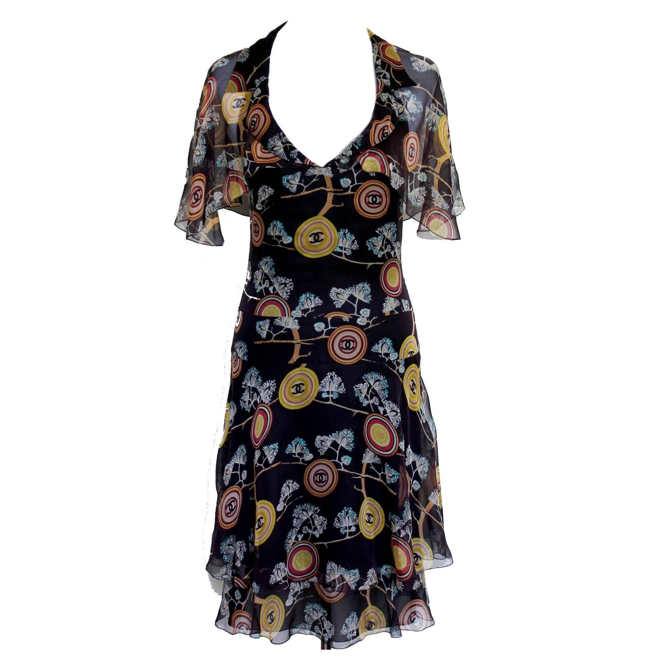 Amazing Chanel Chinoiserie Silk Chiffon CC Logo Print Dress