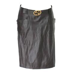 Gucci by Tom Ford FW 2003 Chocolate Brown GG Biker Belted Leather Skirt 4
