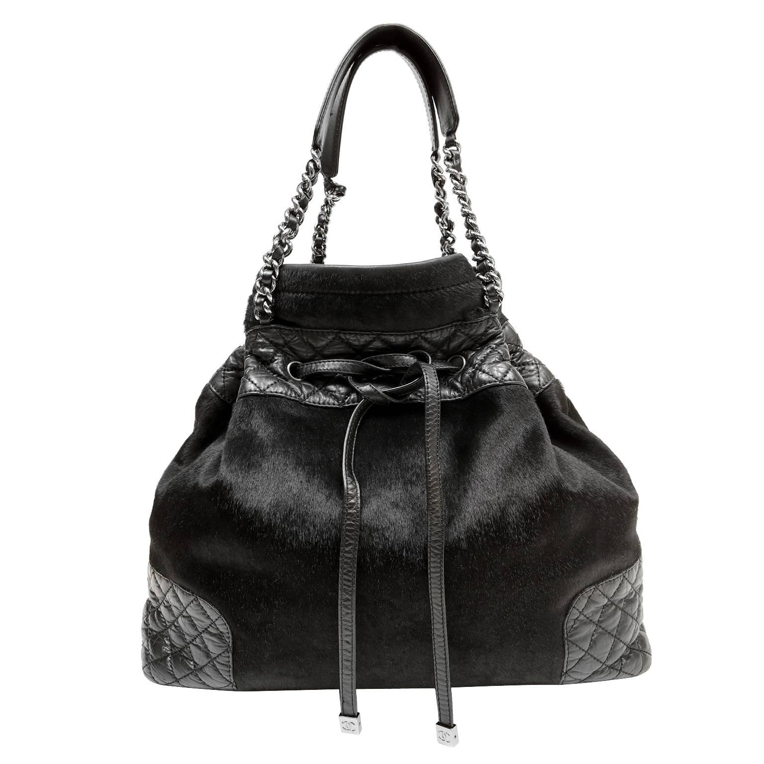 Chanel Black Calf Hair and Leather Drawstring Bucket Bag