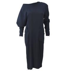 KARL LAGERFELD Circa 1980s Navy Asymmetrical Off The Shoulder Silk Dress Size 38 10
