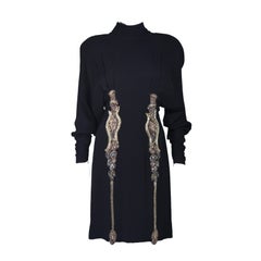 KARL LAGERFELD Circa 1980's Black Silk Embellished Cocktail Dress Size 40