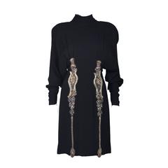 KARL LAGERFELD Circa 1980's Black Silk Embellished Cocktail Dress Size 40 11