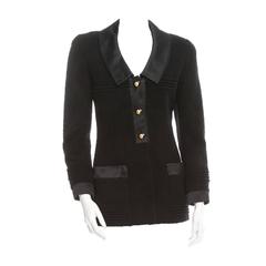 Chanel Retro Black Wool Twed Satin Gold Button Blazer Jacket
