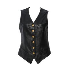 Chanel Vintage Black Leather Gold Button Double Pocket Sleeveless Vest
