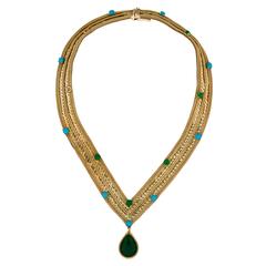 Christian Dior Gold Tone Cabochon Green Torquoise Tribal Choker Collar Necklace