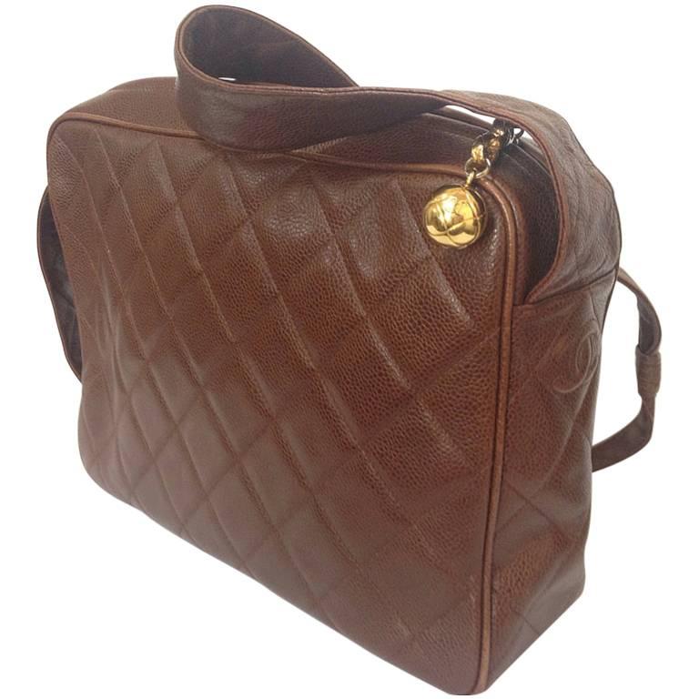 Vintage CHANEL dark brown caviar leather messenger large, jumbo shoulder bag