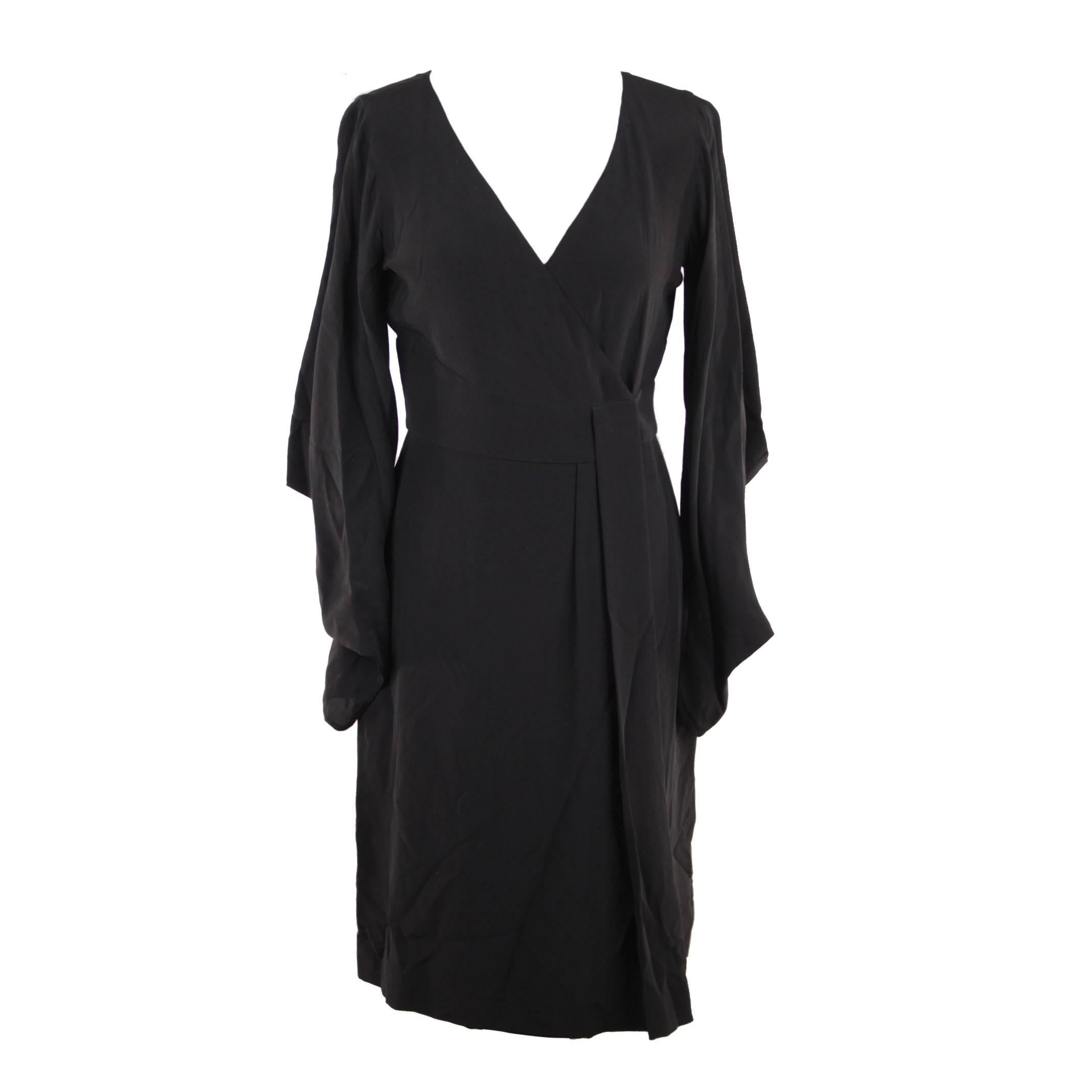 Versace Italian Black Pure Silk Wrap Dress with Blouson Sleeves 