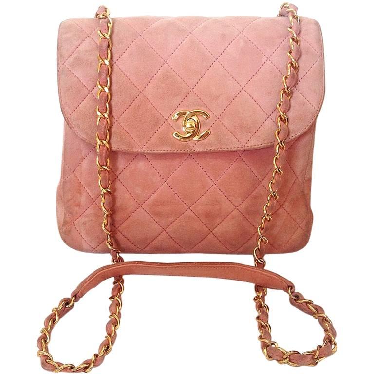 Vintage CHANEL light pink quilted suede 2.55 shoulder bag with gold tone chain For Sale