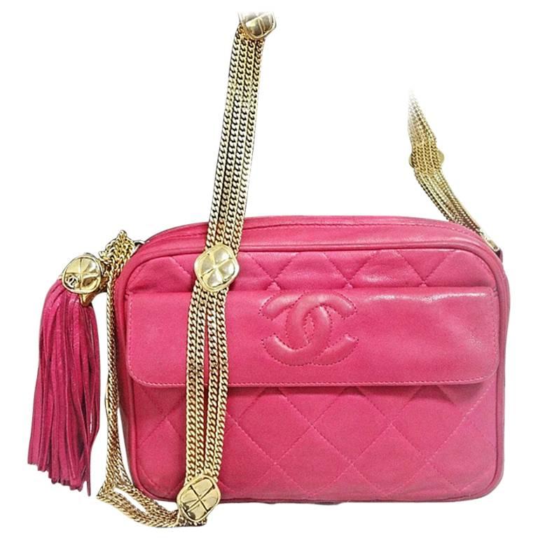 Vintage CHANEL pink lambskin camera bag style jewelry chain shoulder bag. For Sale