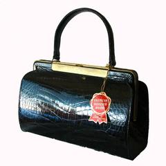 Vintage Black Exotic Crocodile Handbag Purse Lesco Lona 1960s Deadstock with Tag