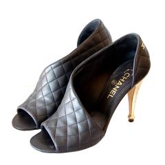 Chanel 15C Black Calfskin Matelasse Open Booties Heels Size 39 + Box Dustcovers 7