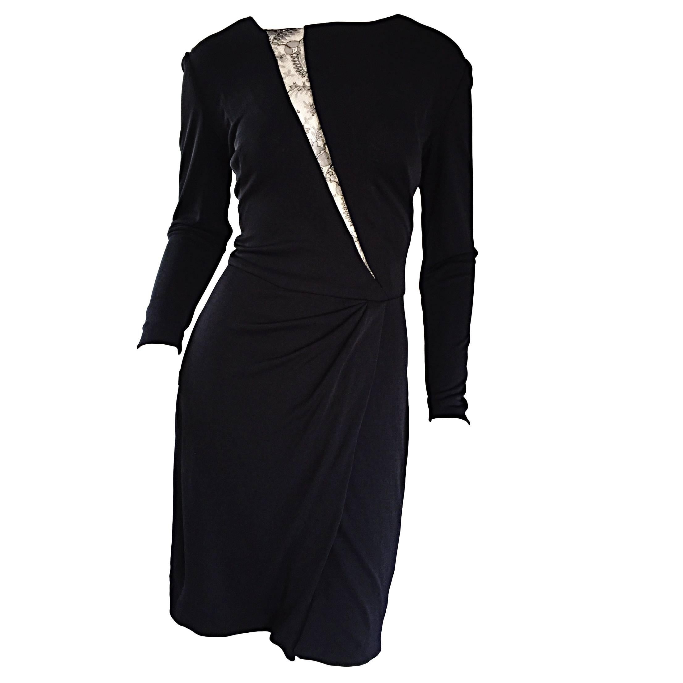 Beautiful Vintage Vicky Tiel Couture Black Jersey Ruched Dress w/ Lace Cut - Out For Sale