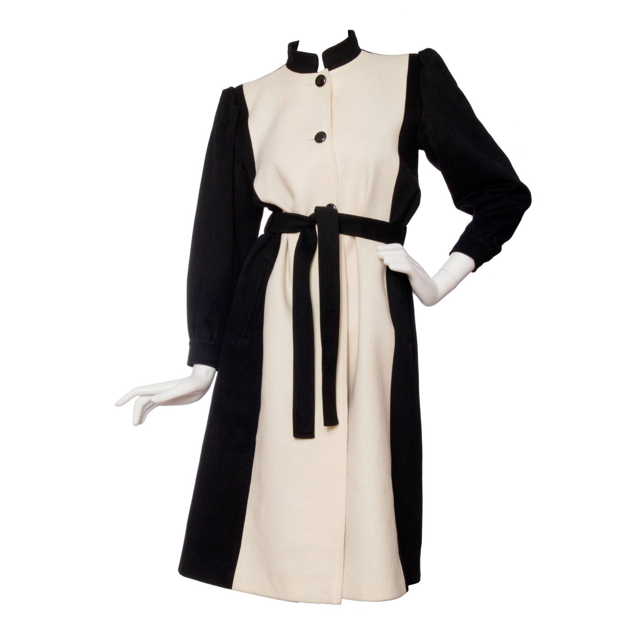 1980s Yves Saint Laurent Black & White Wool Coat For Sale