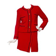 1980s Chanel Bright Red Boucle Skirt Suit