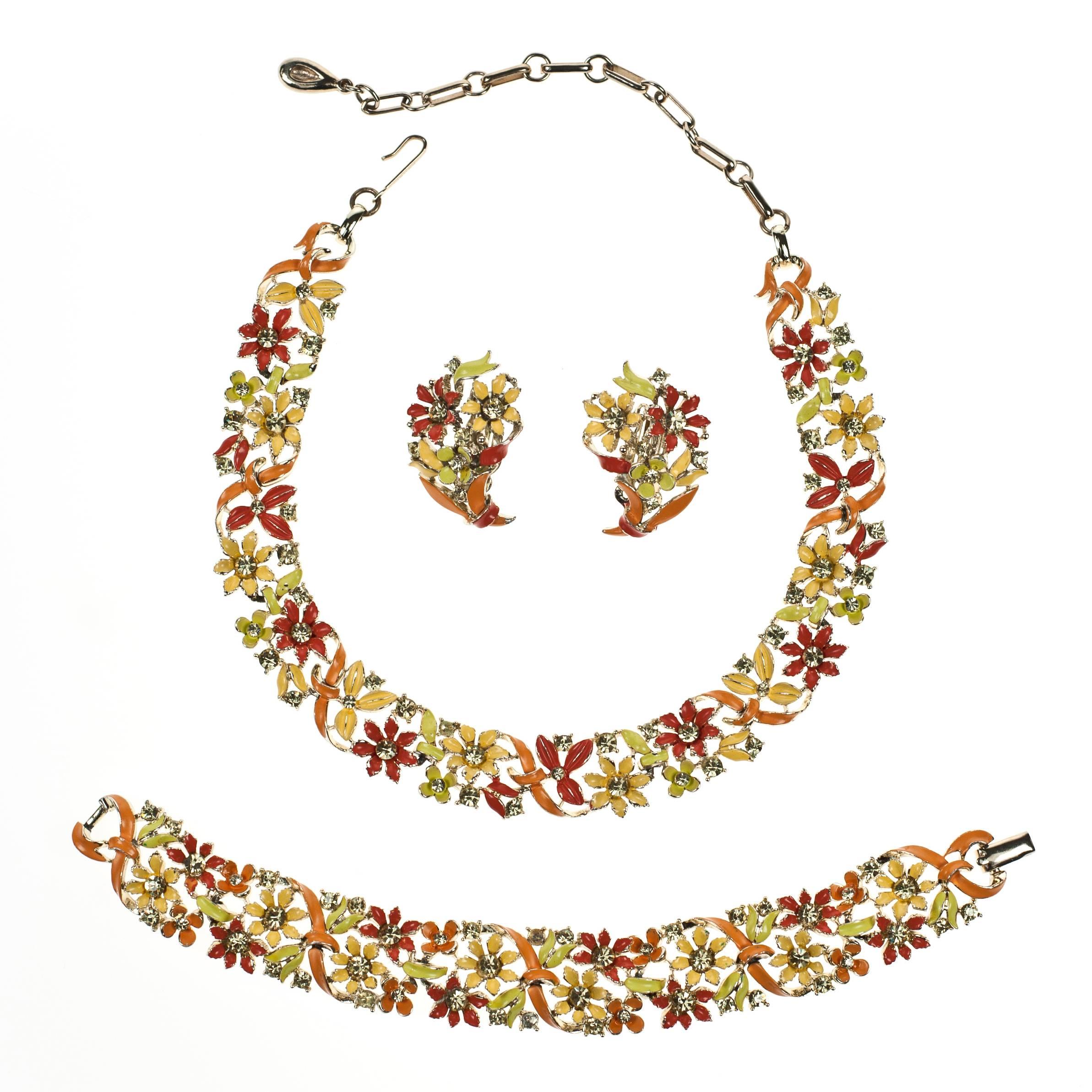 Vintage Orange Lisner Enameled Floral Necklace Set For Sale
