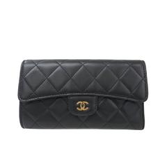 Chanel Black Quilted Lambskin Leather Gold Hardware Trifold Clutch Wallet 