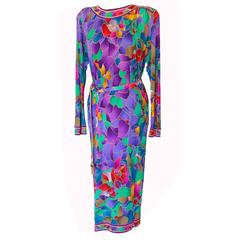 Leonard Paris Vibrant Floral Print Silk Jersey Dress with Gold Tassel Belt 1980s