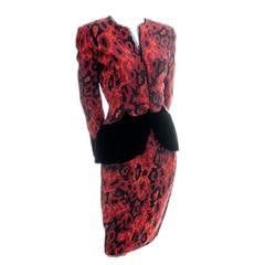 1980s Vicky Tiel Couture Vintage Skirt Suit Leopard Print Silk Velvet Trim Peplu