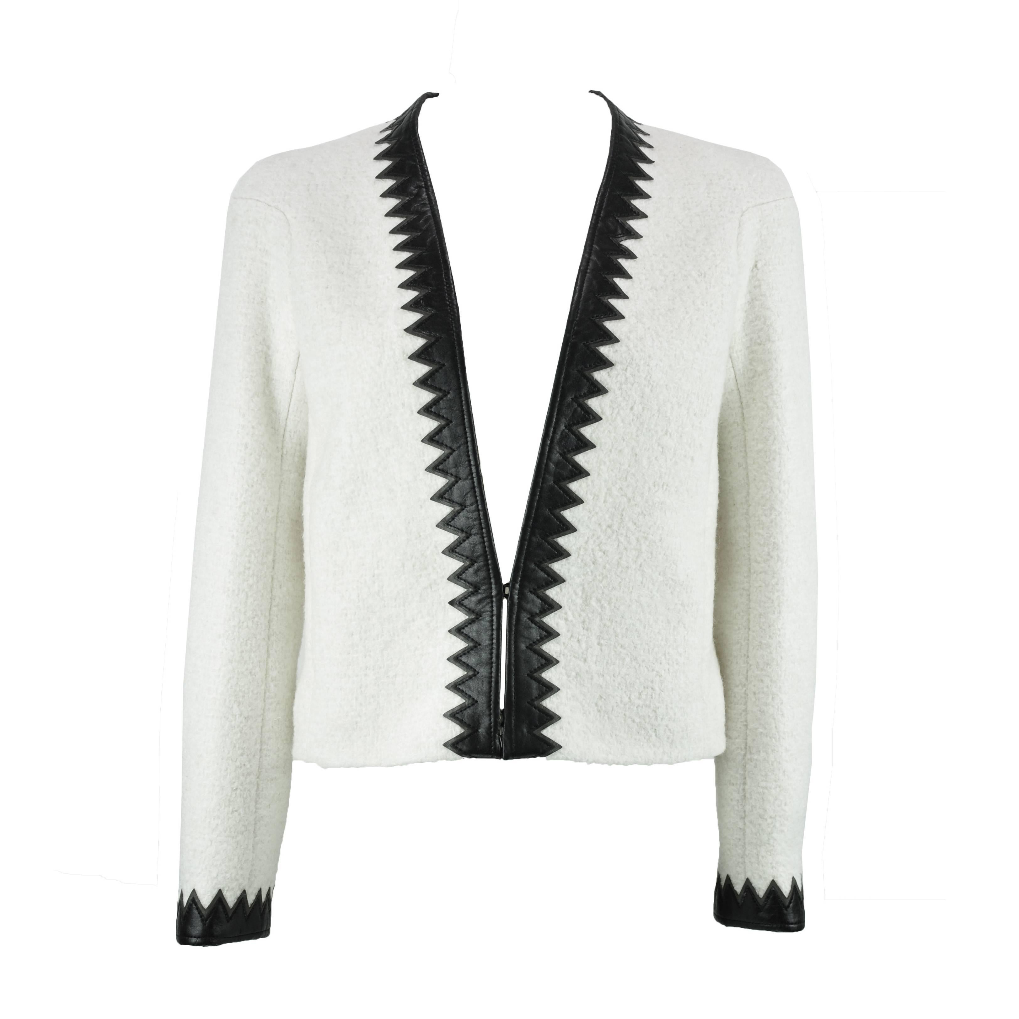 Chanel 2015 F/W Black Leather Trim & White Wool Tweed Jacket FR38 New For Sale