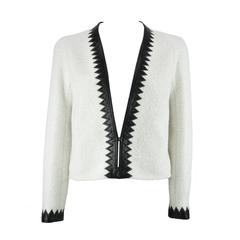 Chanel 2015 F/W Black Leather Trim & White Wool Tweed Jacket FR38 New