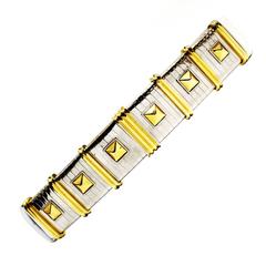 Judith Leiber White Leather Belt with Silver and Gold Studded Chain Links