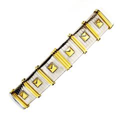 Judith Leiber White Leather Belt with Silver and Gold Studded Chain Links 