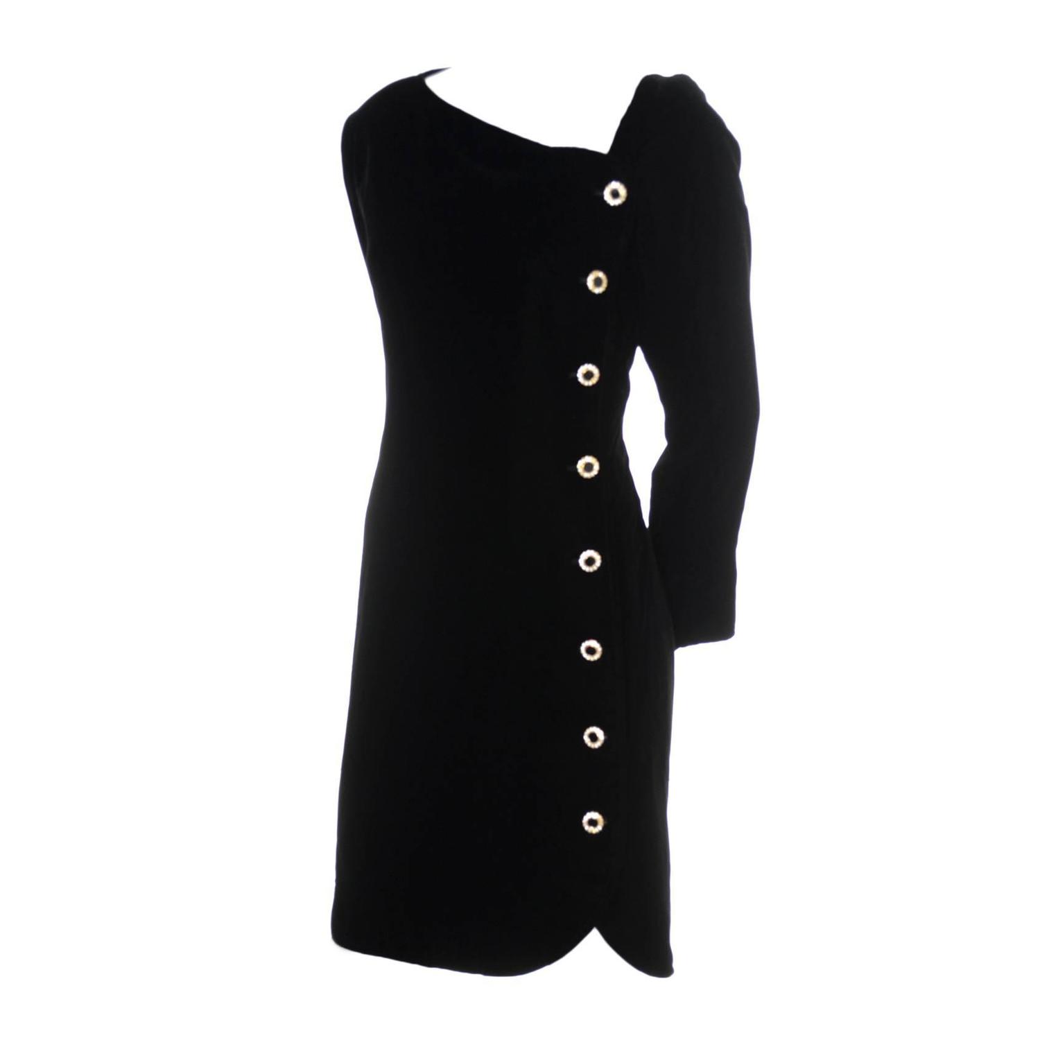 YSL Vintage Dress Black Velvet Rhinestone Buttons Yves Saint Laurent