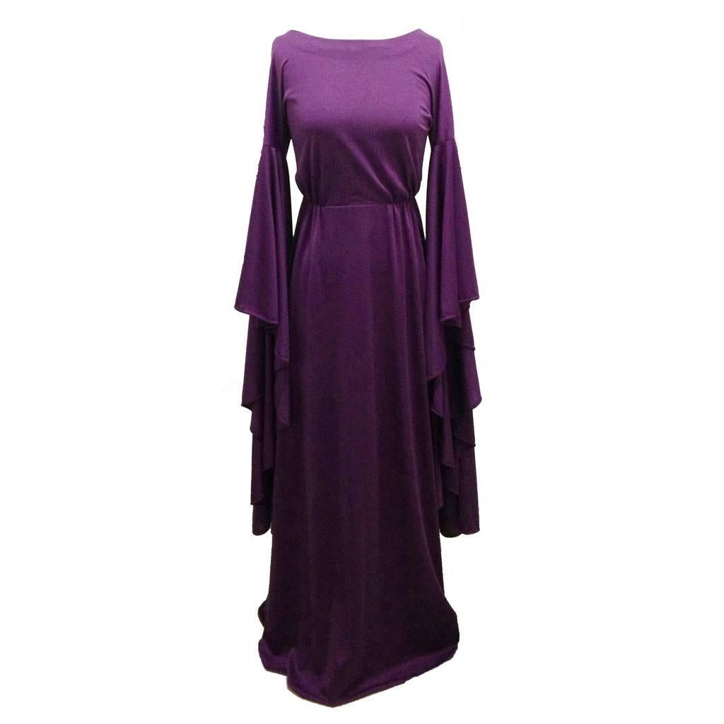Jerry Melitz Israel 1970s Purple Jersey Dress with Huge Draped Sleeves ...