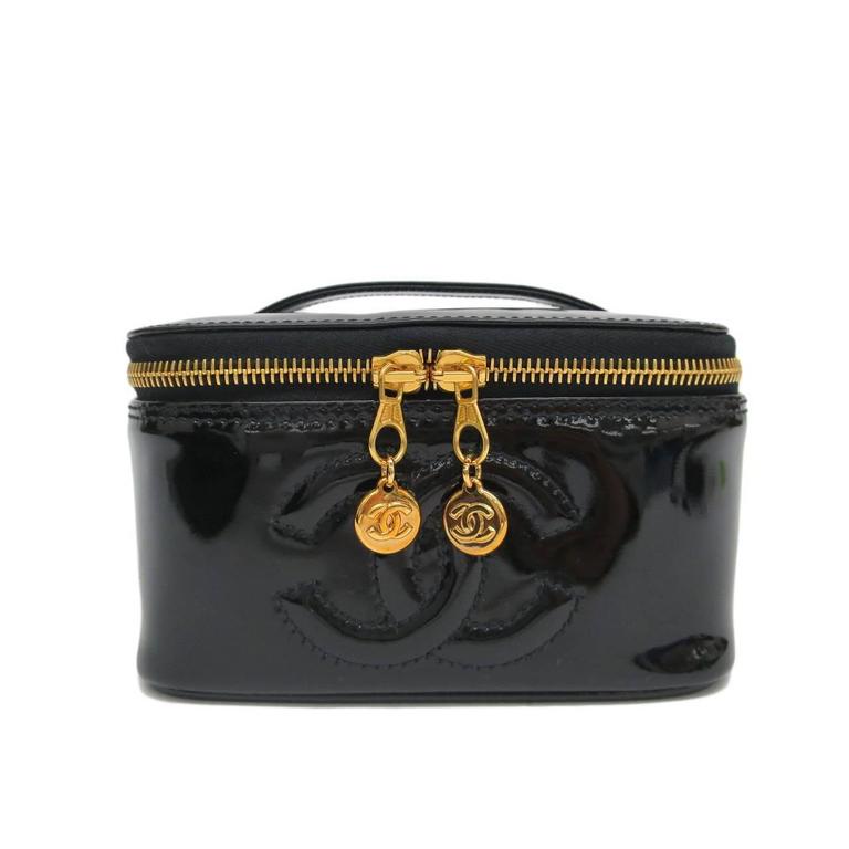 Chanel Black Patent Leather Top Handle Satchel Vanity Case Travel Bag For Sale at 1stDibs