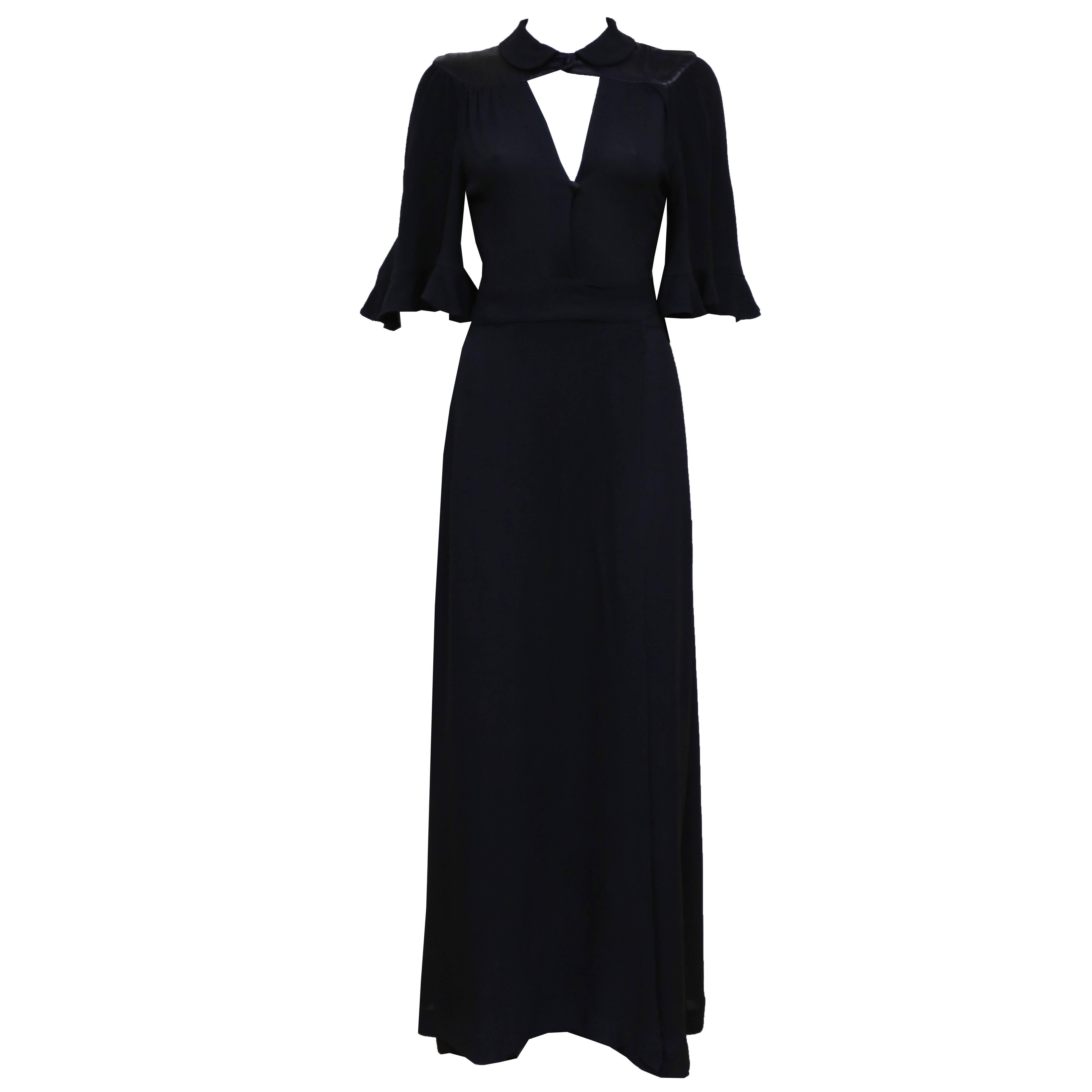 Radley by Ossie Clark black moss crepe and satin evening wrap dress, c. 1970s