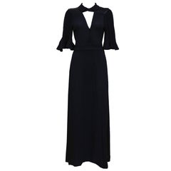 Vintage Radley by Ossie Clark black moss crepe and satin evening wrap dress, c. 1970s