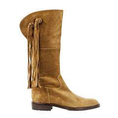 Tan Chanel Suede Fringe Flat Boots