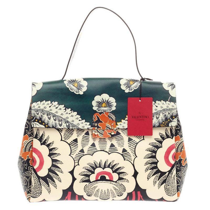 Valentino Floral Top Handle Bag Printed Leather Large