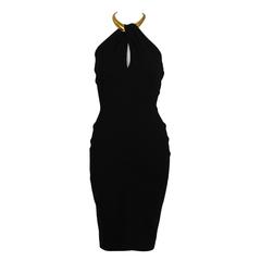 Early 1990's Donna Karan Black Halter Dress with Gold Choker