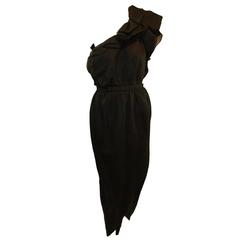 1970's Halston Couture One Shoulder Ruffles Black Dress