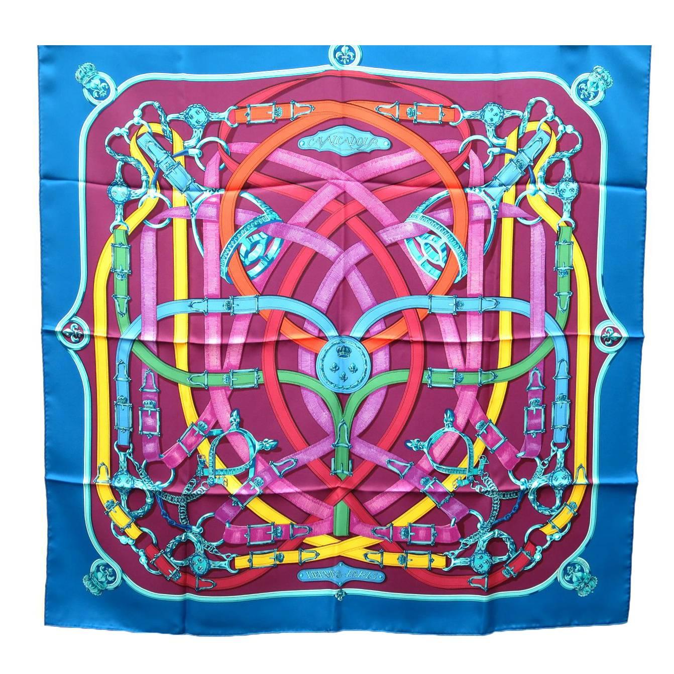 Hermes Multi Color Pink Blue Purple Yellow Orange Cavalcadour Silk Scarf in Box