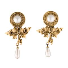 Chanel Rare Vintage Gold and Pearl Leaf Dangle Drop Earrings