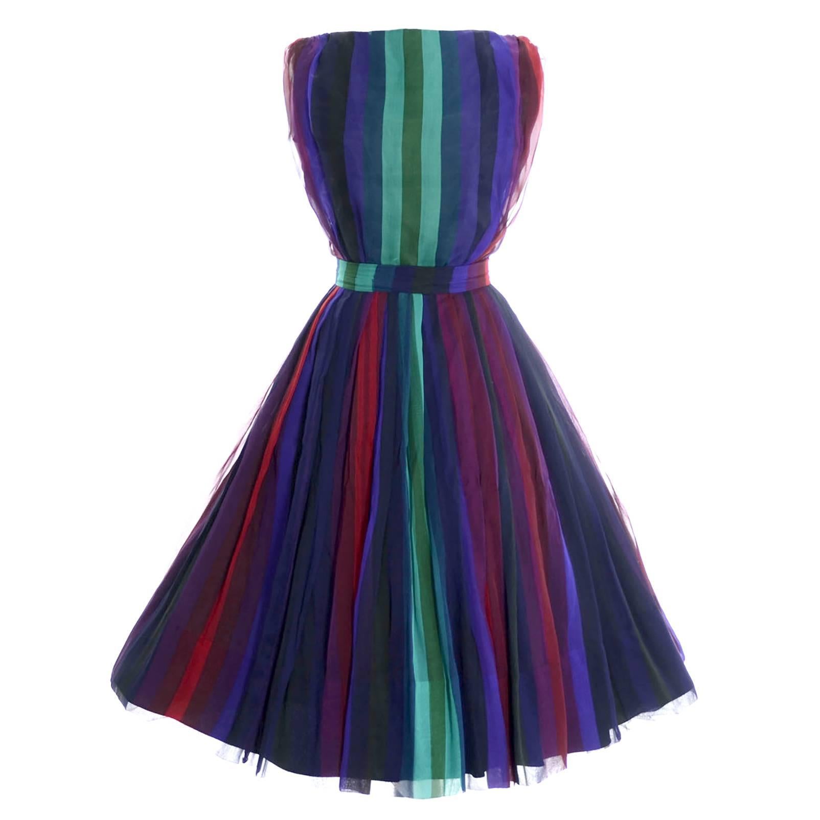 1960s Silk Chiffon Vintage Dress 2 pc Stripes Nathalie of California Bullocks 