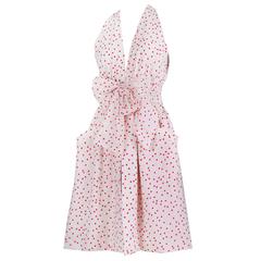 1970's Halston Red & White Heart Print Cotton Halter Dress w/Self Waist Tie