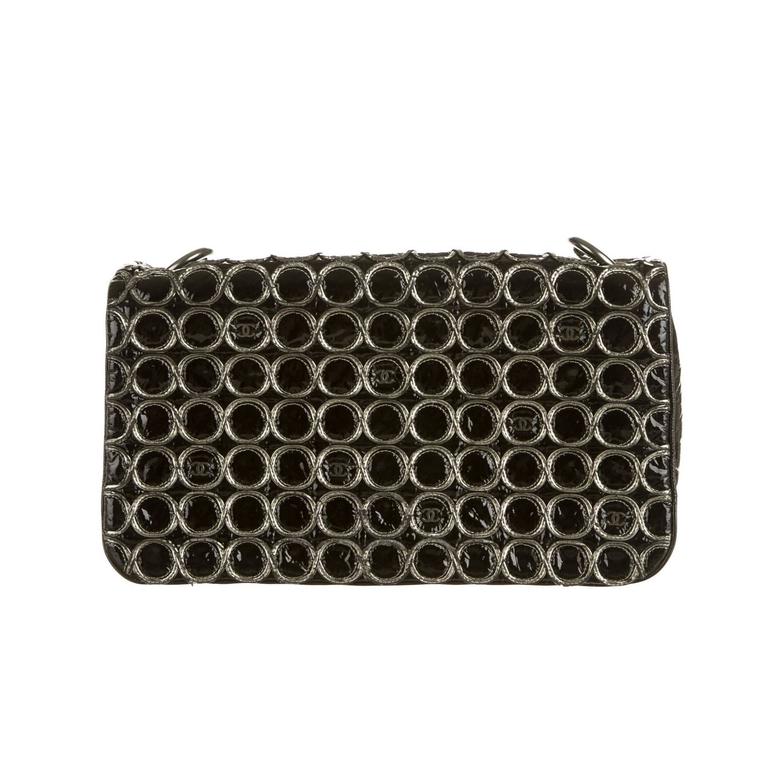 Chanel Black Gray Gunmetal Vinyl Flap Chain Evening Crossbody Shoulder