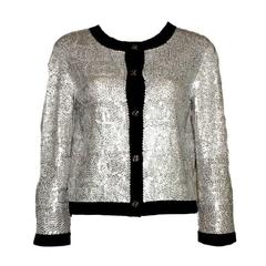 Amazing CHANEL Shiny Printed Sequin CC Logo Cashmere Cardigan