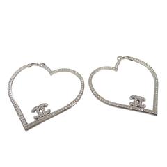 Chanel Silver Rhinestone Heart CC Dangle Drop Hoop Earrings