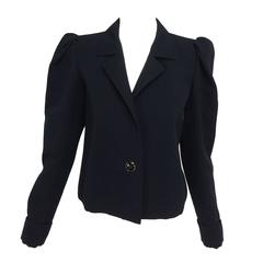 Yves St Laurent navy blue peaked shoulder cropped wool faille jacket 1980s