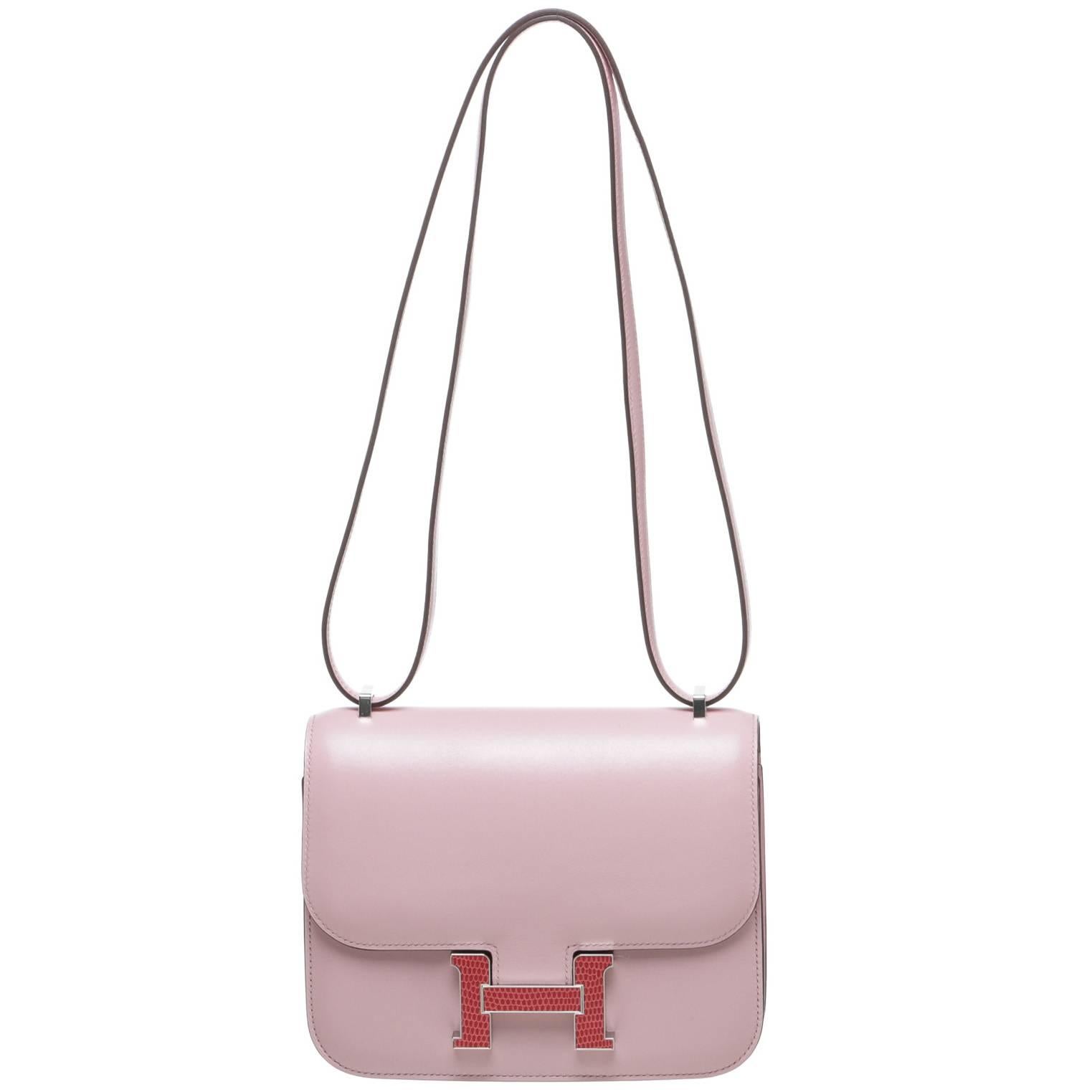 Hermes Pink Leather and Lizard Buckle Constance 18cm Handbag For Sale