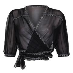 1930s Black Chiffon Cross Over Blouse