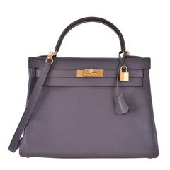 Hermes Kelly 32cm Etain with Gold Hardware Evergrain Leather JaneFinds