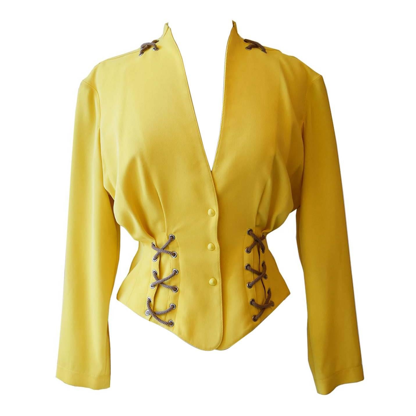 Thierry Mugler vintage iconic canary yellow fitted rope jacket size S For Sale